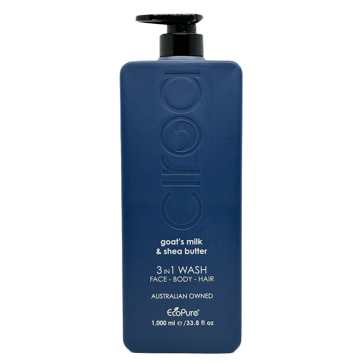 A dark blue rectangular bottle of ecoPure Ciroa goat's milk & shea butter 3 in 1 Wash with a black pump dispenser, shown against a plain white background.