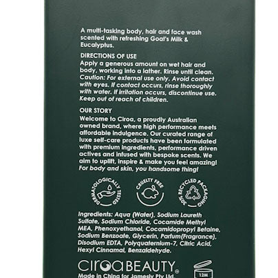 The back of a dark green Ciroa Beauty body wash bottle, showing detailed product instructions, ingredients, and environmental icons in white text.