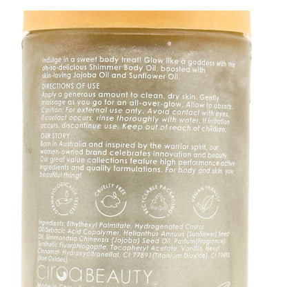 Close-up of the back of a Clio Beauty jar showing product ingredients, directions of use, and circular icons for cruelty free, organic, and vegan, with a beige lid and light brown body.