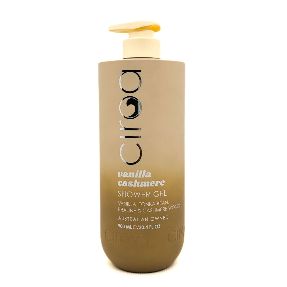 A bottle of Ciroa Gold Vanilla Cashmere Shower Gel, featuring a warm beige gradient bottle with a cream-coloured pump dispenser, set against a plain white background.
