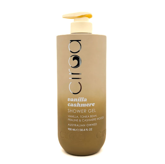A bottle of Ciroa Gold Vanilla Cashmere Shower Gel, featuring a warm beige gradient bottle with a cream-coloured pump dispenser, set against a plain white background.