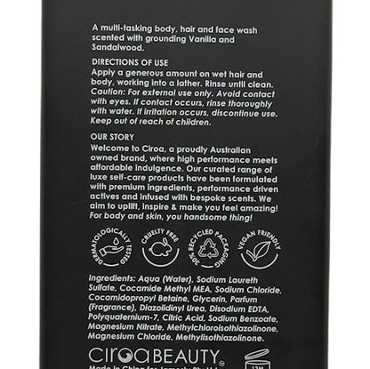 The back of a black Clciroa Vanilla and Sandalwood body, hair, and face wash bottle showing detailed product information, ingredients, and certification logos in white text.