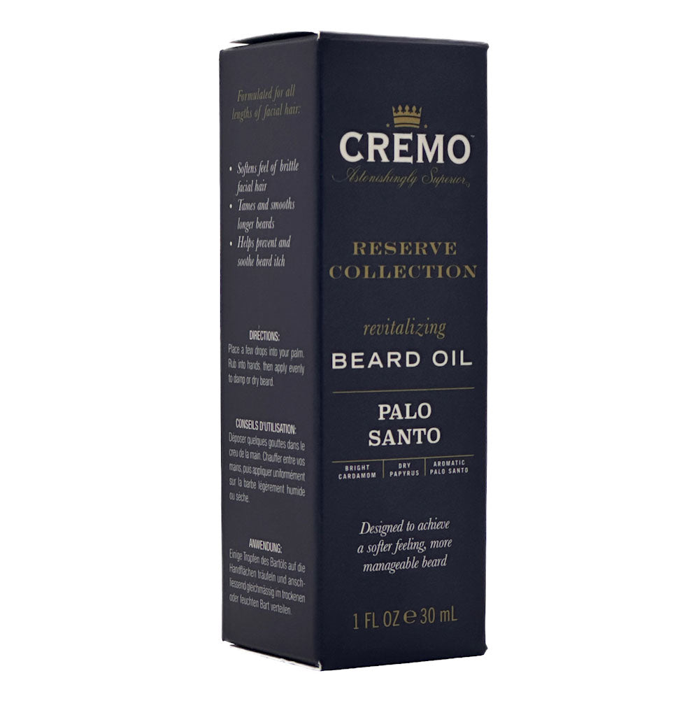 Box of Cremo Reserve Collection Palo Santo beard oil on a white background