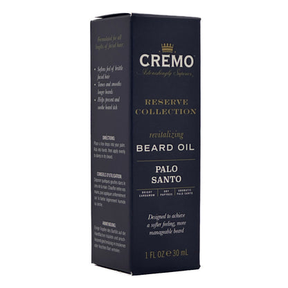 Box of Cremo Reserve Collection Palo Santo beard oil on a white background