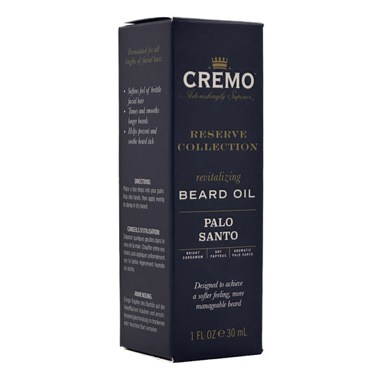 Box of Cremo Reserve Collection Palo Santo beard oil on a white background