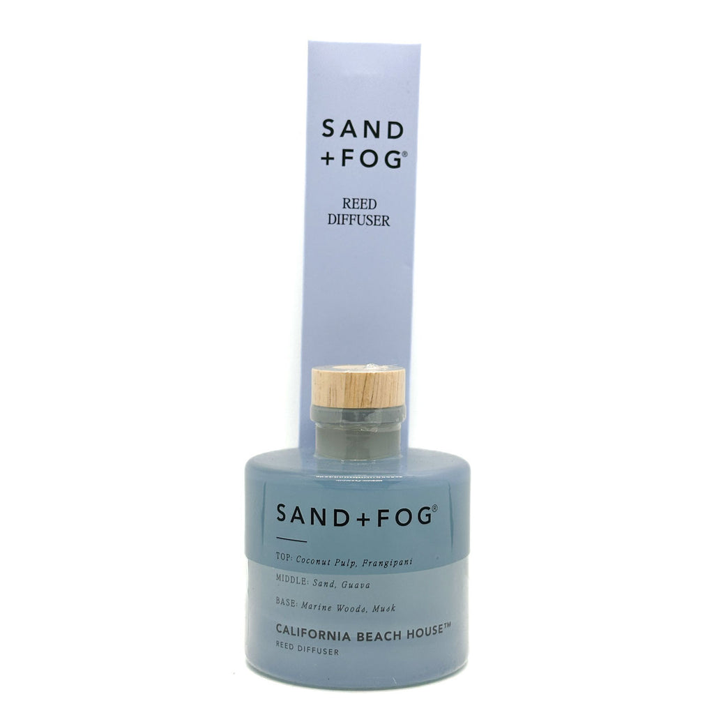 Sand + Fog California Beach House reed diffuser bottle with packaging on a white background