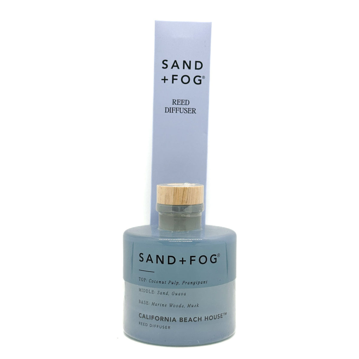 Sand + Fog California Beach House reed diffuser bottle with packaging on a white background