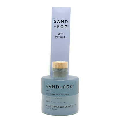 Sand + Fog California Beach House reed diffuser bottle with packaging on a white background