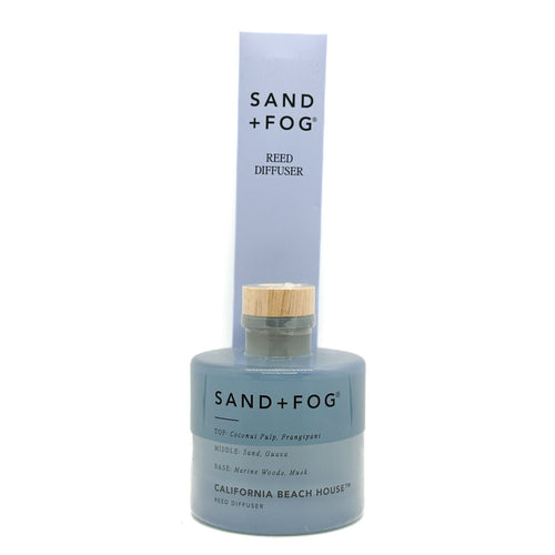 Sand + Fog California Beach House reed diffuser bottle with packaging on a white background