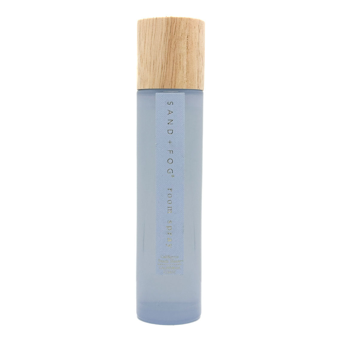 SAND + FOG California Beach House room spray bottle with wooden cap on a white background
