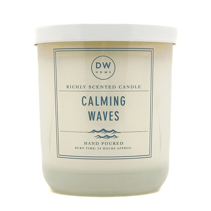 Calming Waves candle with 'DW Home' label on a white background