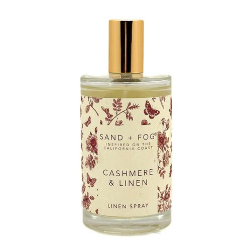 Bottle of Sand + Fog Cashmere & Linen linen spray on a white background