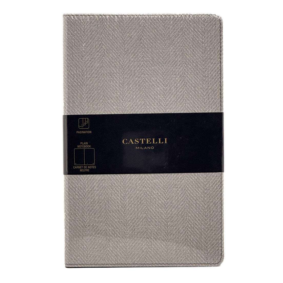 A single Castelli Milano planner cover in a light grey herringbone fabric, wrapped with a black paper band featuring the brand name in gold.
