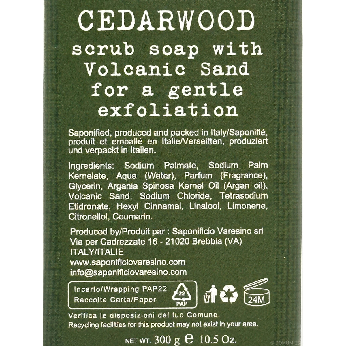 Label of cedarwood scrub soap with volcanic sand on a green background
