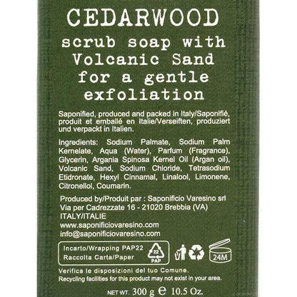Label of cedarwood scrub soap with volcanic sand on a green background