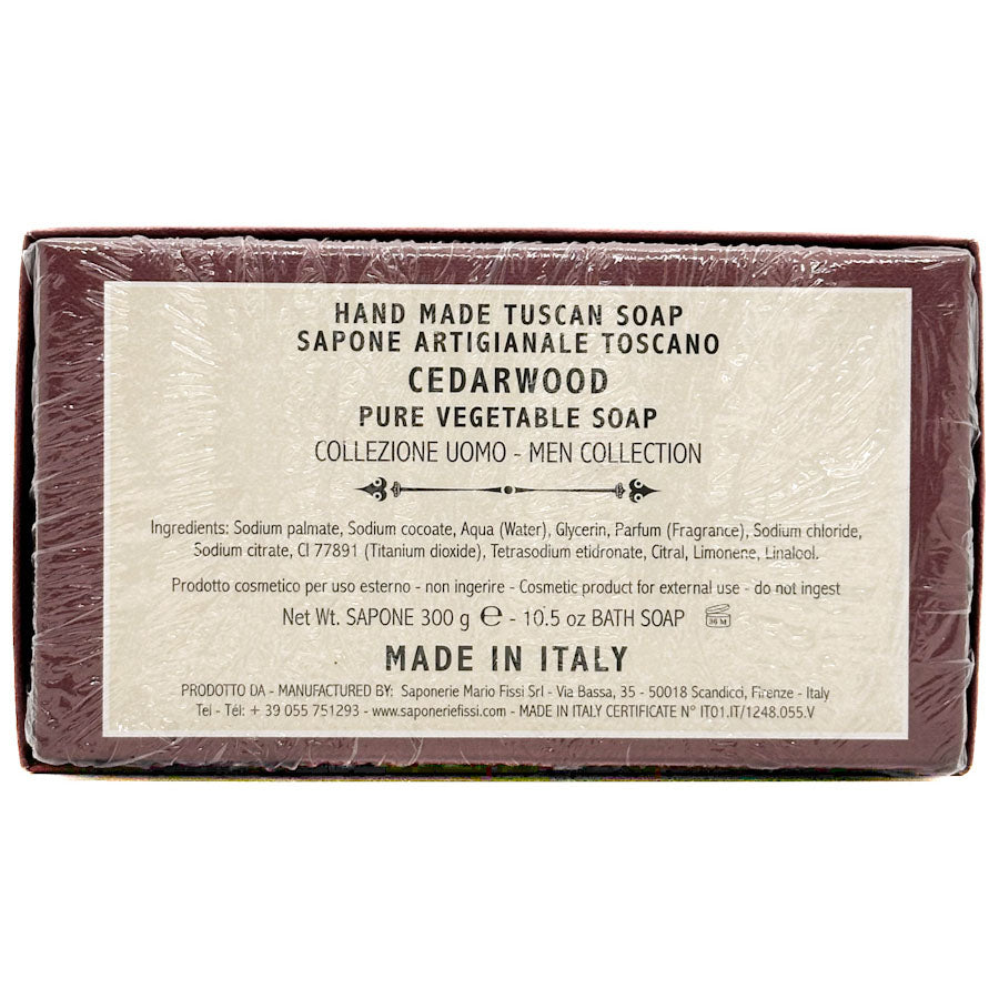 Cedarwood soap ingredients list with a label on a white background