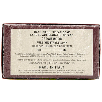 Cedarwood soap ingredients list with a label on a white background