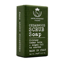 Green box of Cedarwood Scrub Soap with white text on a white background