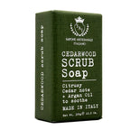 Green box of Cedarwood Scrub Soap with white text on a white background