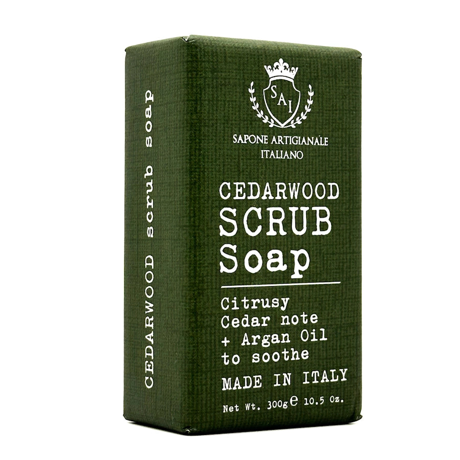 Green box of Cedarwood Scrub Soap with white text on a white background