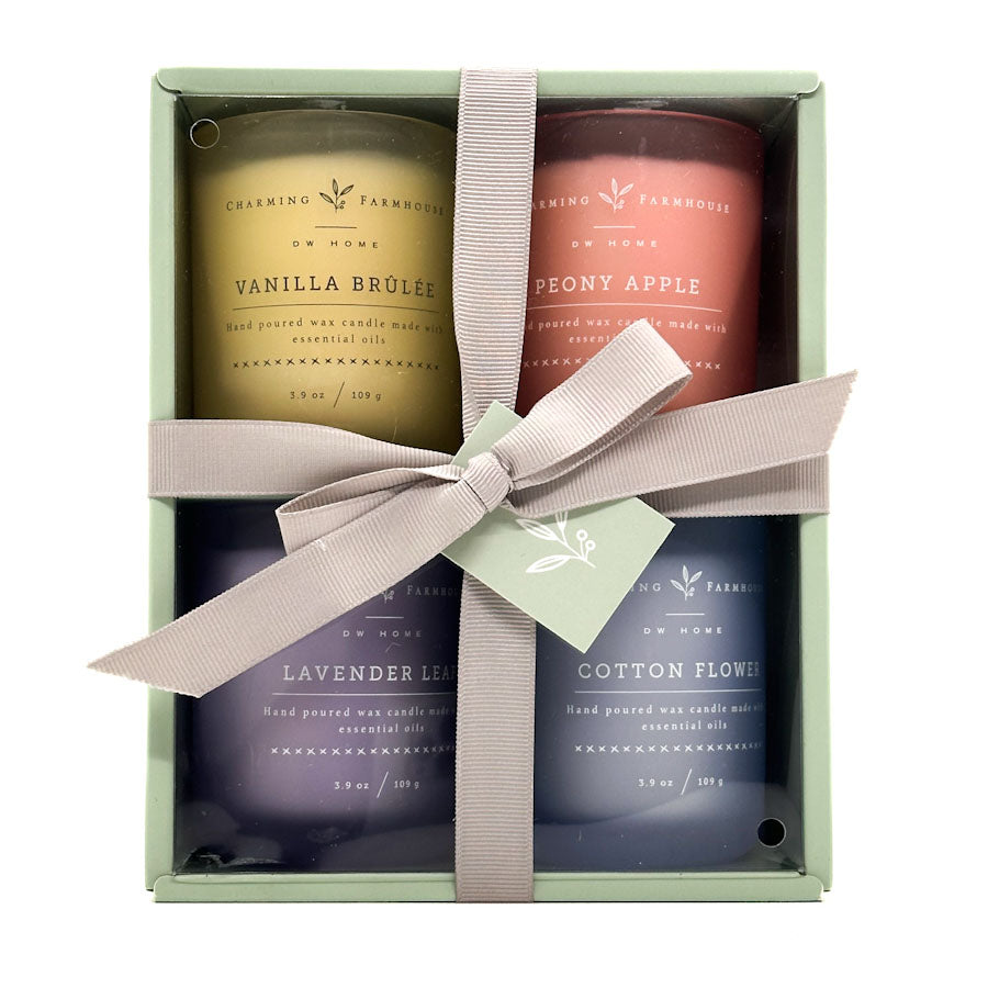Charming Farmhouse set of four candles in a decorative box with a ribbon