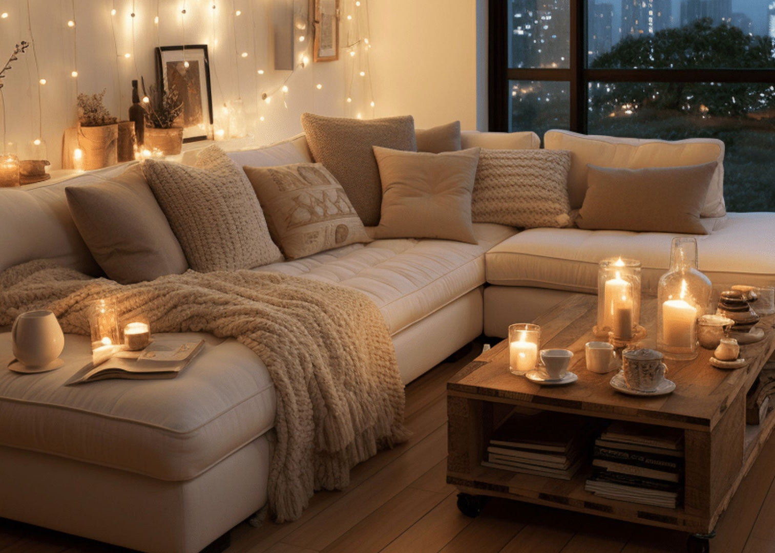 Cosy living room with a sectional sofa, candles, and string lights.