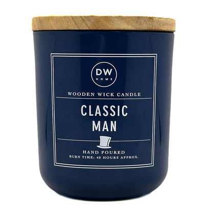 Navy blue candle with wooden lid labeled 'Classic Man' by DW Home on a white background