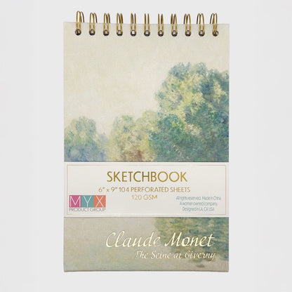 Sketchbook with a cover featuring a painting of trees by Claude Monet on a white background