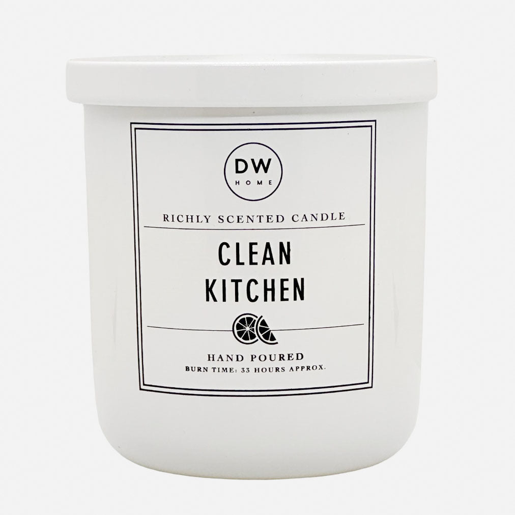 Clean Kitchen white candle with a label on a white background