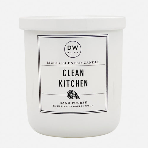 Clean Kitchen white candle with a label on a white background