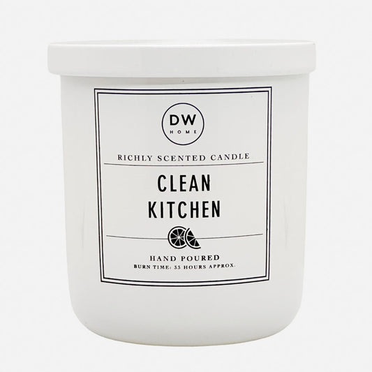 Clean Kitchen white candle with a label on a white background