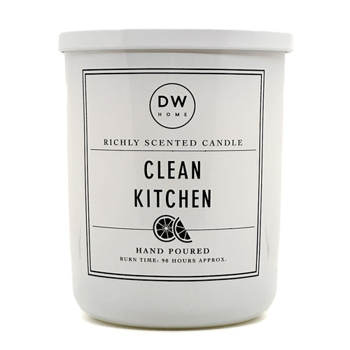 Clean Kitchen white candle with DW Home branding on a white background