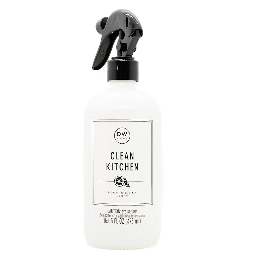 White spray bottle labeled 'Clean Kitchen' with a black nozzle on a white background
