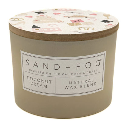 Coconut Cream Candle with 'Sand + Fog' label on a white background