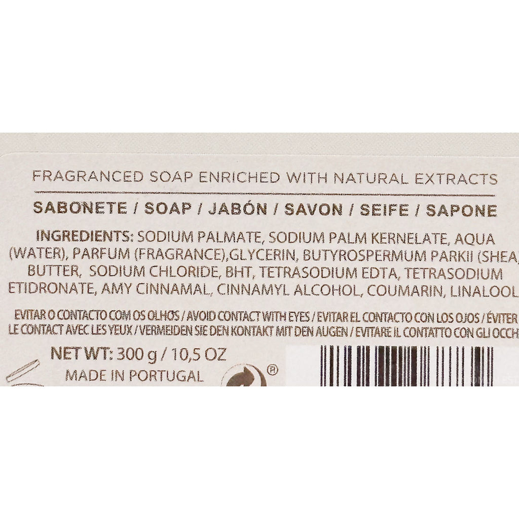 The back of a boxed fragrant soap package showing product details, ingredients, net weight, and a barcode on a light beige background.