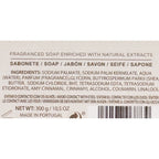 The back of a boxed fragrant soap package showing product details, ingredients, net weight, and a barcode on a light beige background.