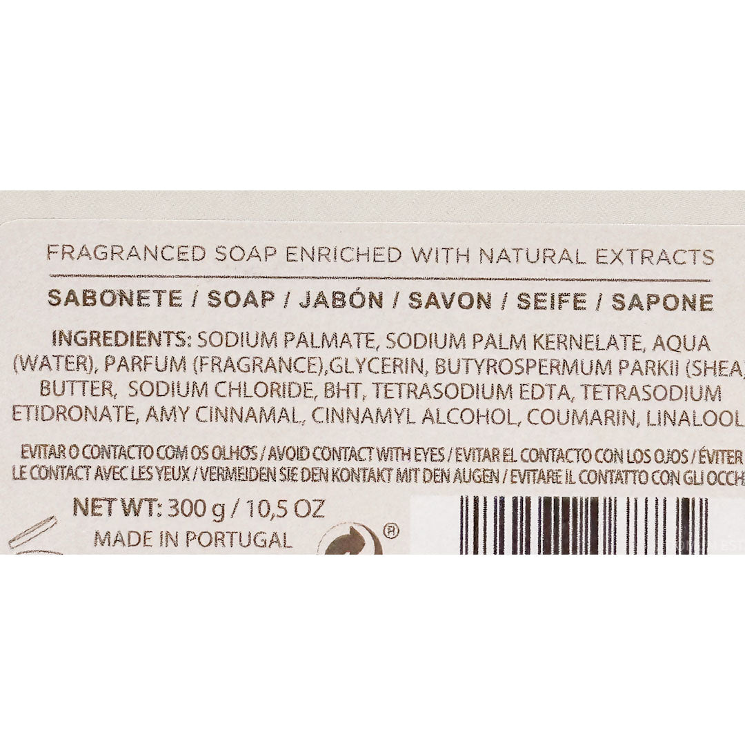 The back of a boxed fragrant soap package showing product details, ingredients, net weight, and a barcode on a light beige background.