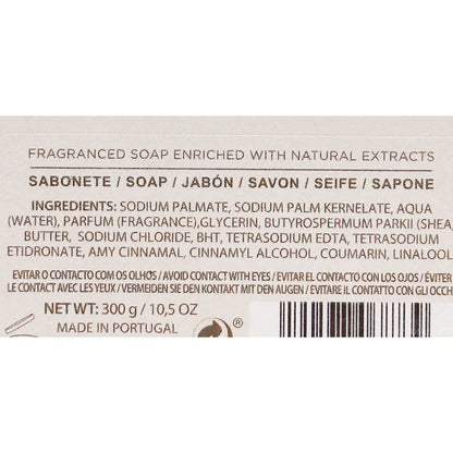 The back of a boxed fragrant soap package showing product details, ingredients, net weight, and a barcode on a light beige background.