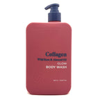 A 33.8 fl oz bottle of Organik Botanik Collagen Glow Body Wash, featuring a dusty rose pink bottle with a dark blue pump dispenser and blue text, set against a plain white background.