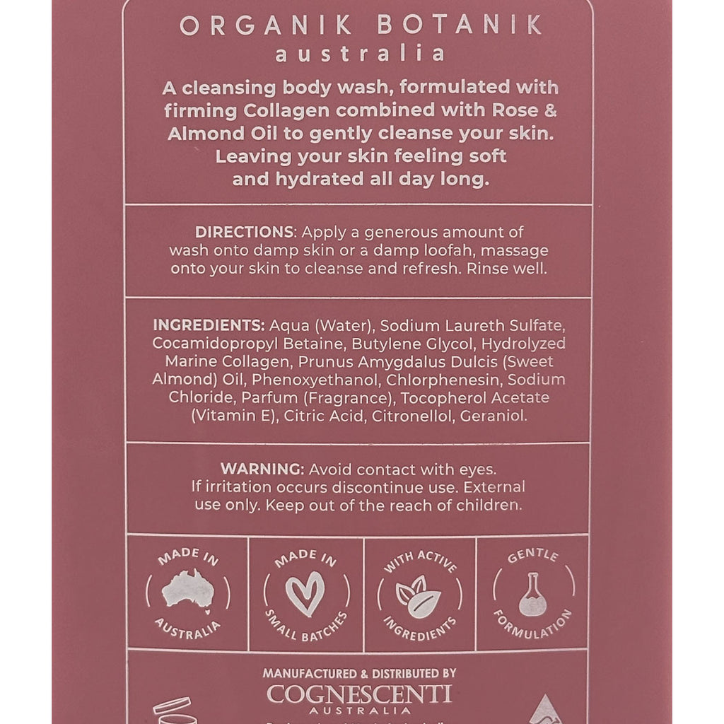 The back of a COSNESCENTI Organik Botanik Australia cleansing body wash bottle, showing product details, directions, ingredients, and feature icons in white text on a dusty rose background.