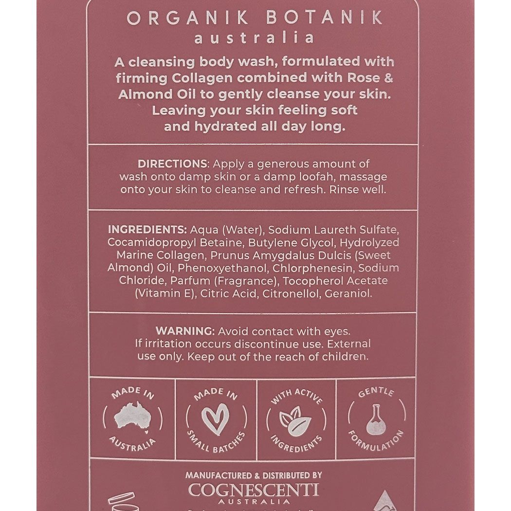 The back of a COSNESCENTI Organik Botanik Australia cleansing body wash bottle, showing product details, directions, ingredients, and feature icons in white text on a dusty rose background.