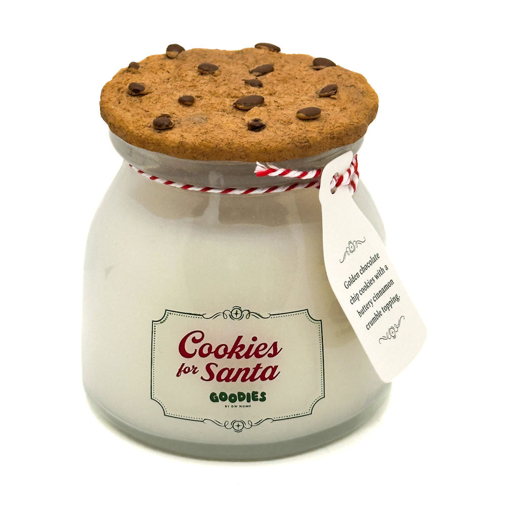 DW Home Candle Jar labeled 'Cookies for Santa' with a cookie on top and a tag, on a white background