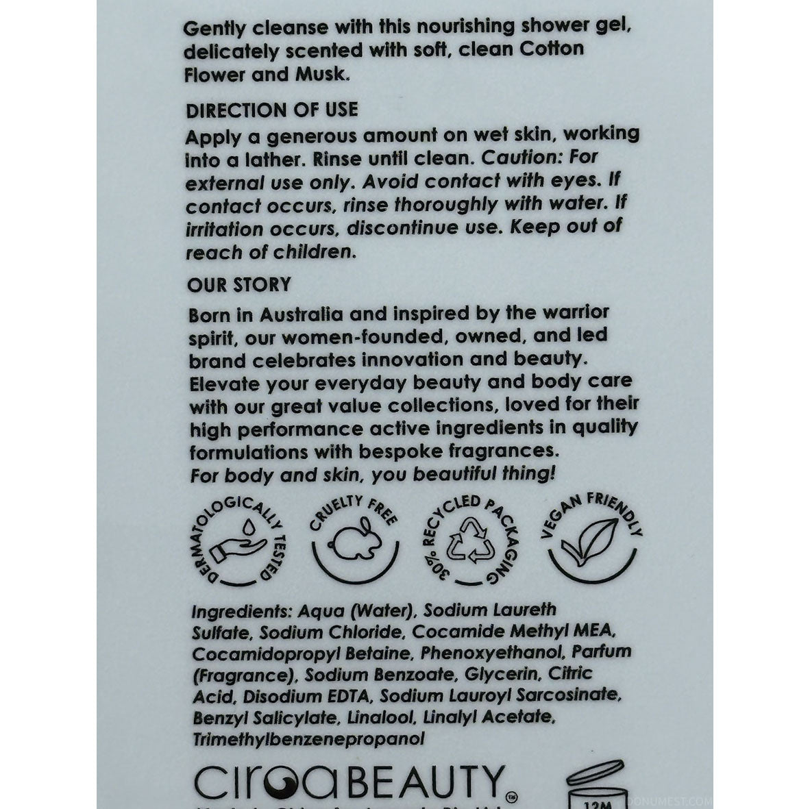 The back of a Ciroa Beauty shower gel bottle showing product details, including direction of use, ingredients, and environmental claims, printed on a light grey background.
