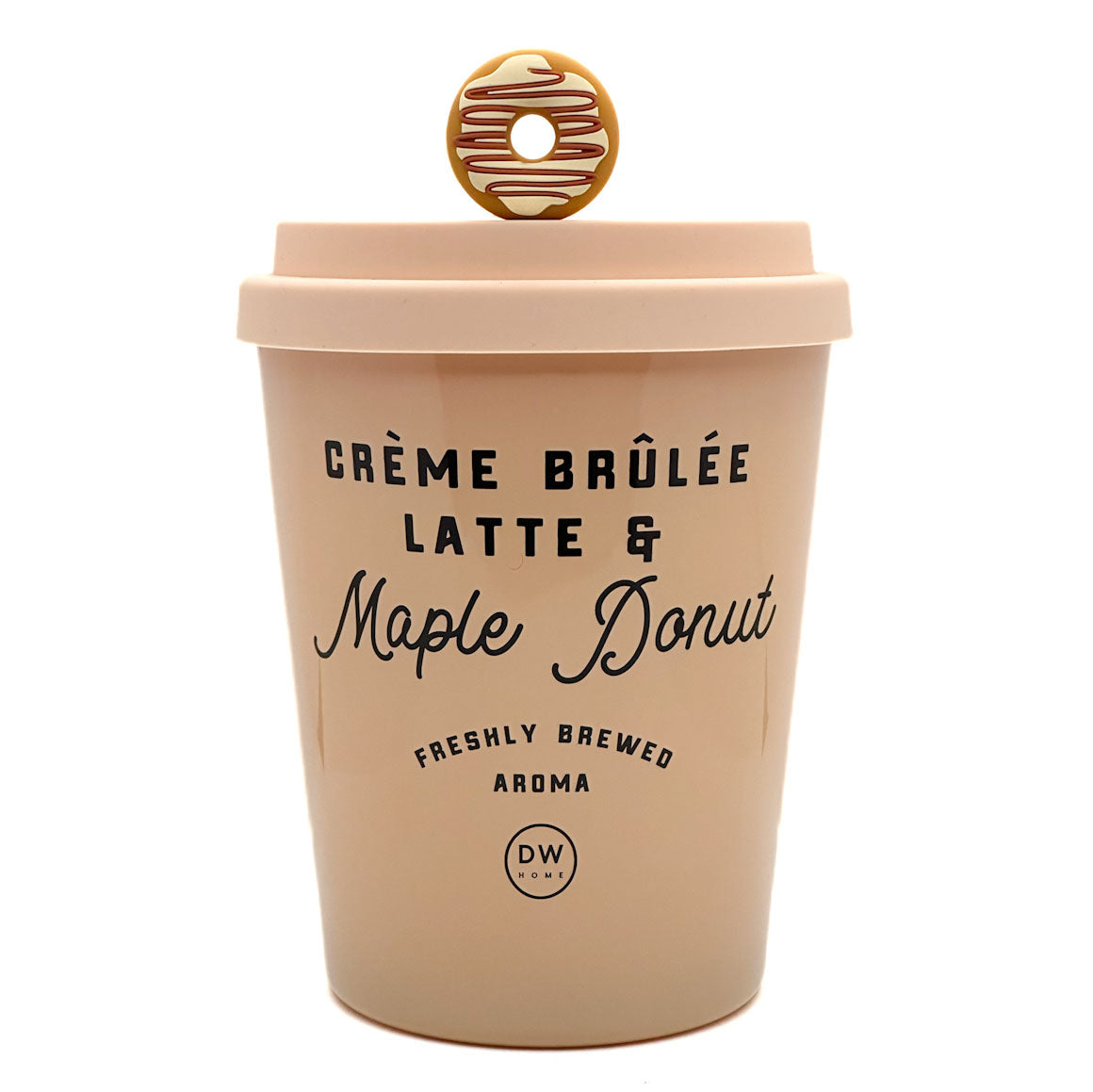 A beige insulated coffee cup with a lid, featuring a donut-shaped metal charm on top. The cup is printed with the text 'CRÈME BRÚLÉE LATTE & Maple Donut' and a 'DW Design' logo, on a solid white background.