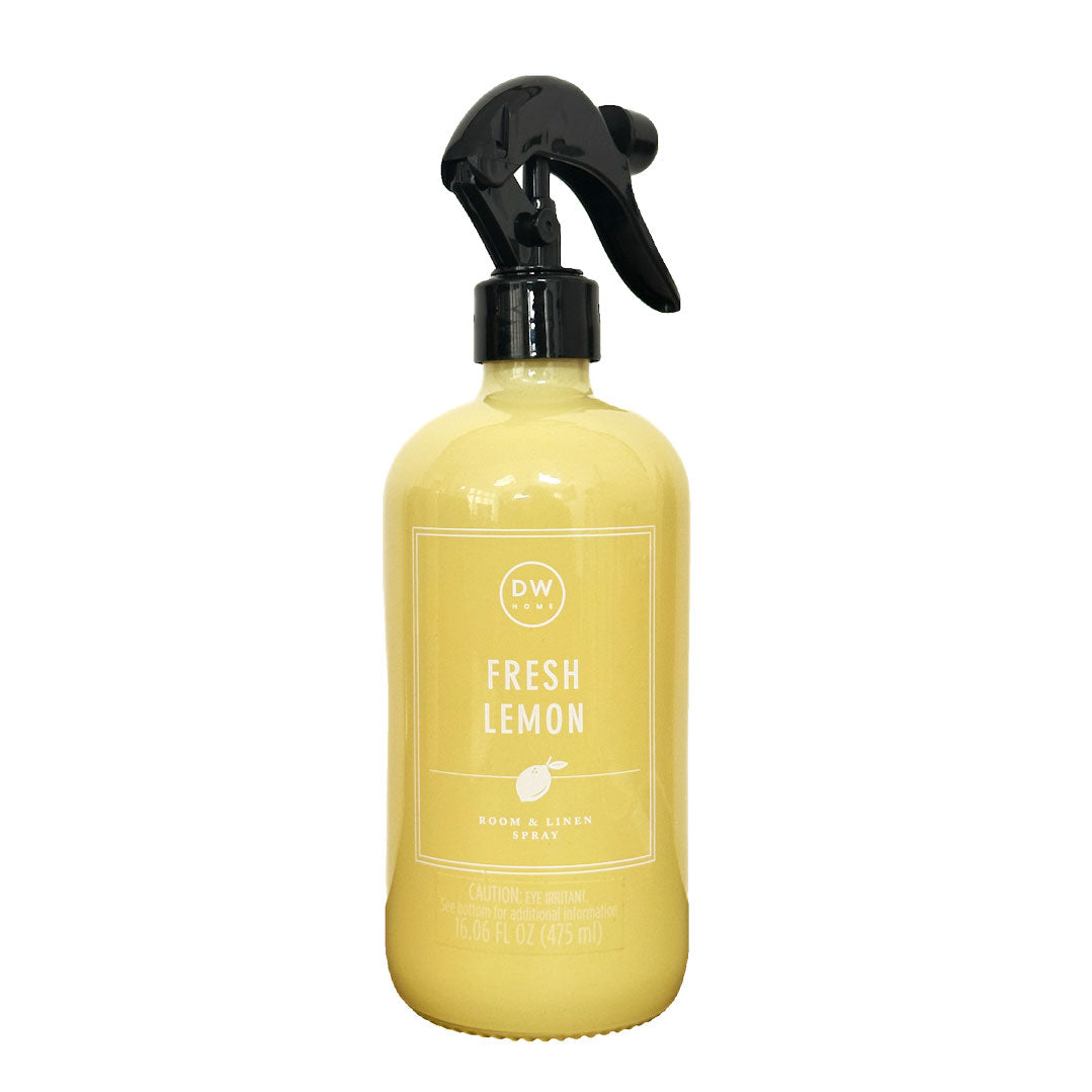 DW Home Fresh Lemon room & linen yellow spray bottle on a white background