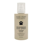 Deodorizing dog spray bottle with 'Sand + Paws' branding on a white background