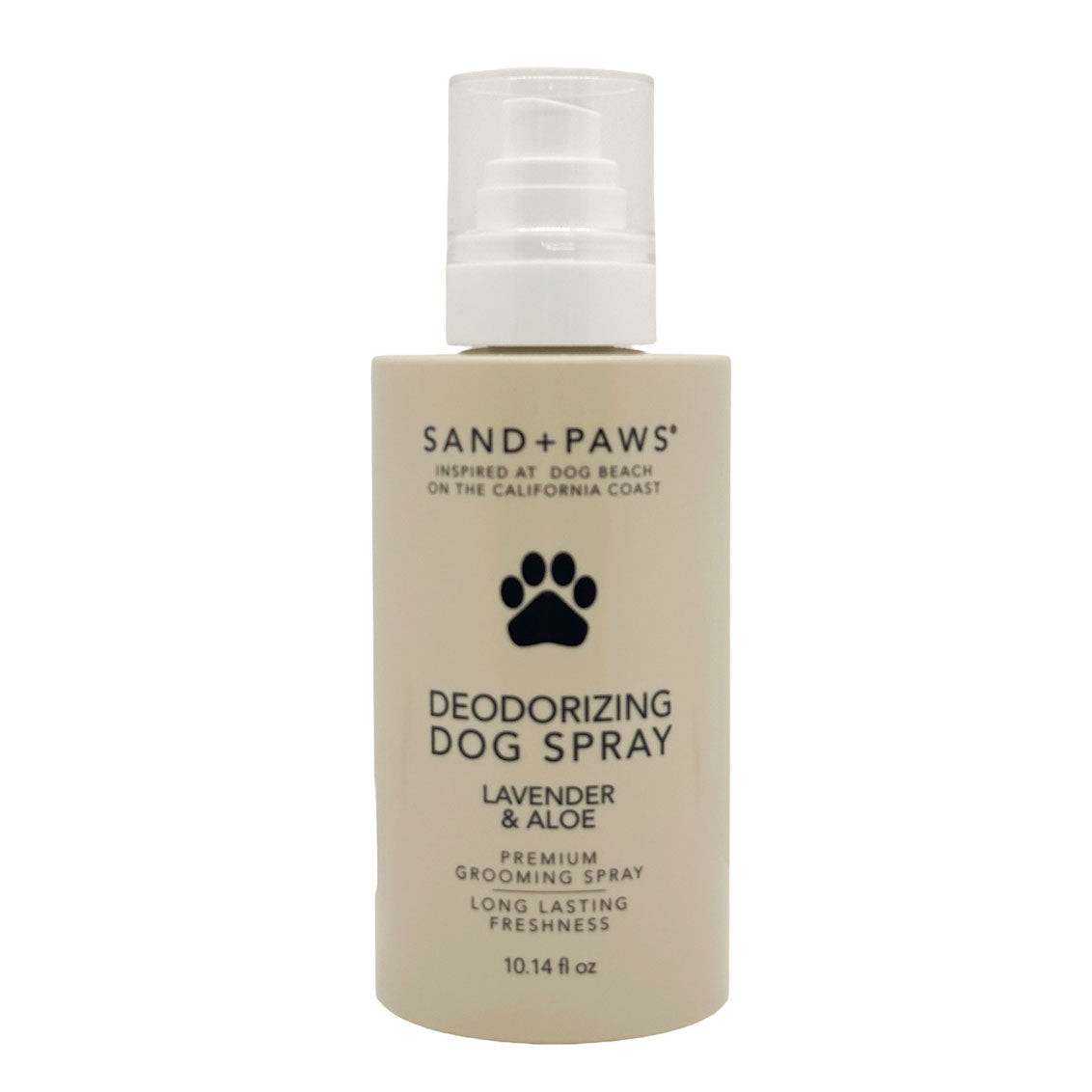 Deodorizing dog spray bottle with 'Sand + Paws' branding on a white background