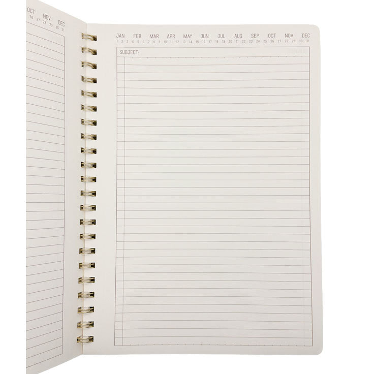 Open planner with monthly calendar and lined pages on a white background