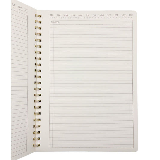 Open planner with monthly calendar and lined pages on a white background