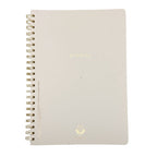 DesignWorks Ink A4 Beige notebook with gold spiral binding and logo on a white background